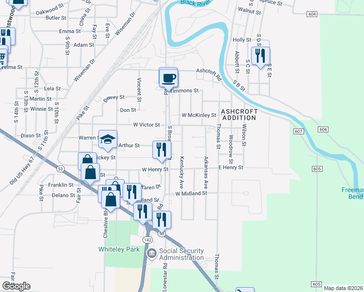 map of restaurants, bars, coffee shops, grocery stores, and more near 1710 Kentucky Avenue in Poplar Bluff