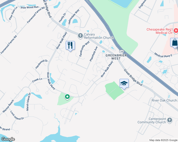 map of restaurants, bars, coffee shops, grocery stores, and more near 411 Plainfield Avenue in Chesapeake