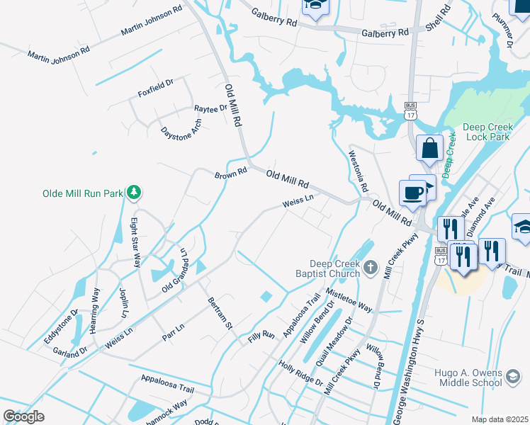 map of restaurants, bars, coffee shops, grocery stores, and more near 3225 Weiss Lane in Chesapeake