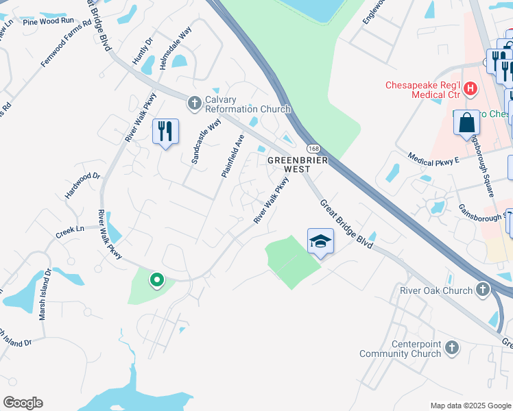 map of restaurants, bars, coffee shops, grocery stores, and more near 214 Primrose Lane in Chesapeake