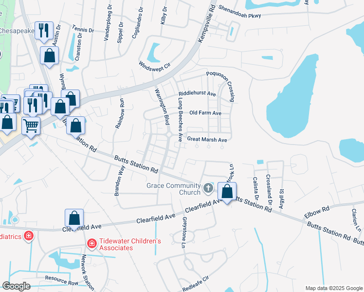 map of restaurants, bars, coffee shops, grocery stores, and more near 939 Long Beeches Avenue in Chesapeake