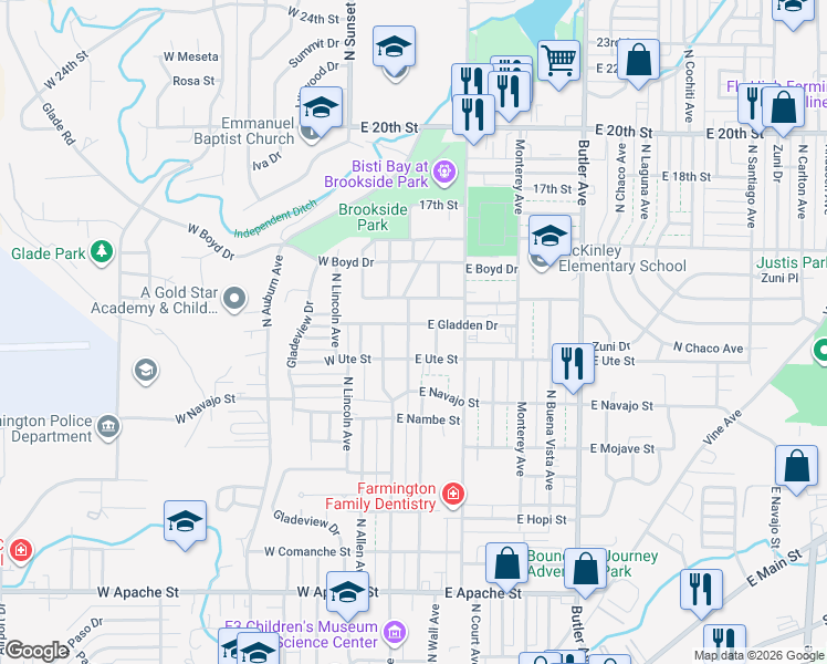 map of restaurants, bars, coffee shops, grocery stores, and more near 101 East Gladden Drive in Farmington
