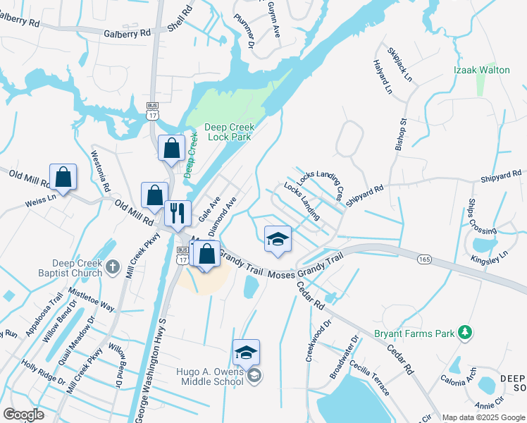 map of restaurants, bars, coffee shops, grocery stores, and more near 2848 Cedar Cove Lane in Chesapeake