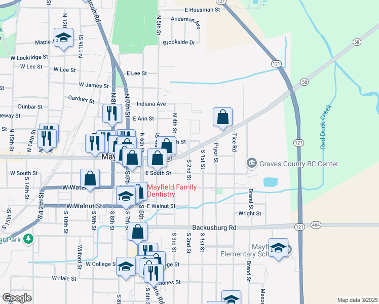 map of restaurants, bars, coffee shops, grocery stores, and more near 100 South 2nd Street in Mayfield