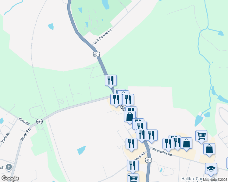 map of restaurants, bars, coffee shops, grocery stores, and more near 4171-4199 Halifax Road in South Boston