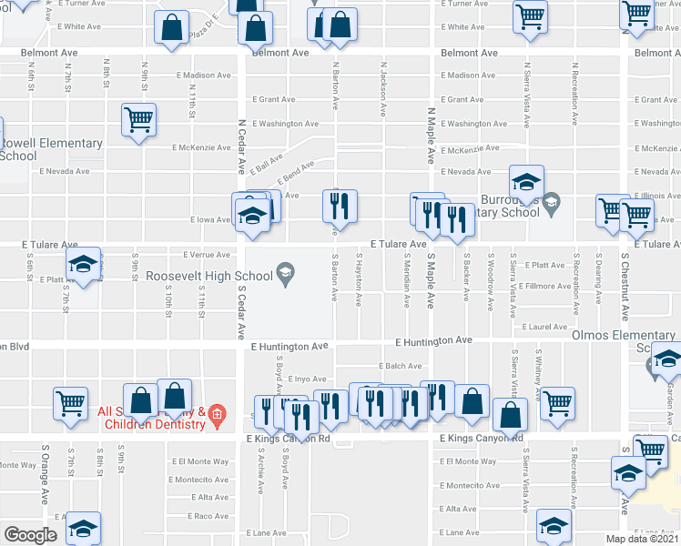 map of restaurants, bars, coffee shops, grocery stores, and more near 167 South Barton Avenue in Fresno