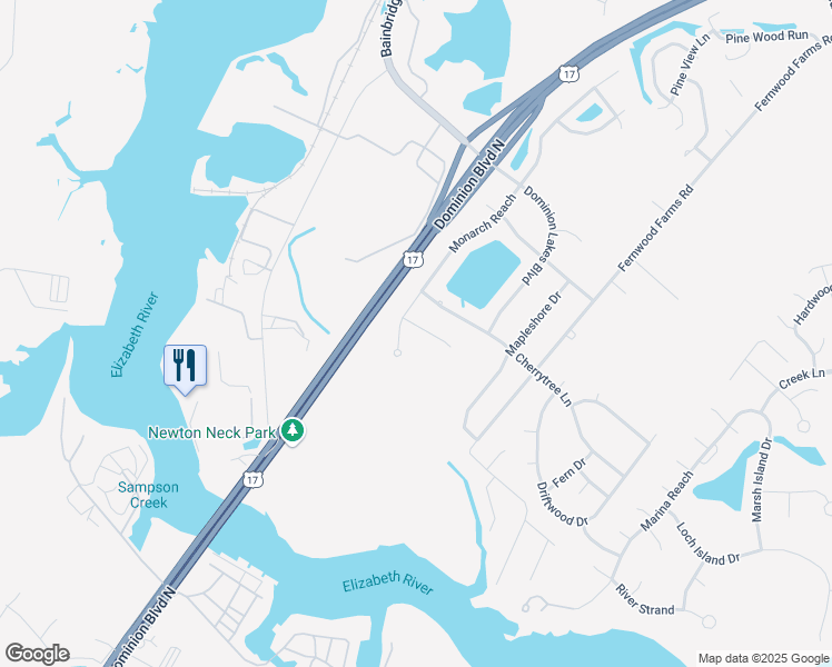map of restaurants, bars, coffee shops, grocery stores, and more near 1228 Destiny Way in Chesapeake