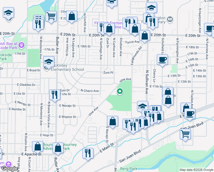 map of restaurants, bars, coffee shops, grocery stores, and more near 1308 North Laguna Avenue in Farmington