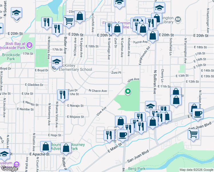 map of restaurants, bars, coffee shops, grocery stores, and more near 1108 North Laguna Avenue in Farmington