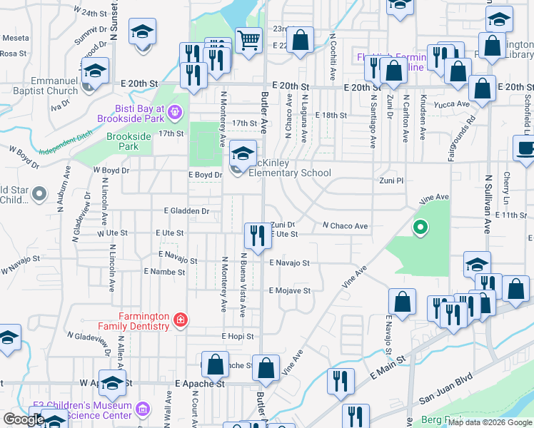 map of restaurants, bars, coffee shops, grocery stores, and more near 1115 North Butler Avenue in Farmington
