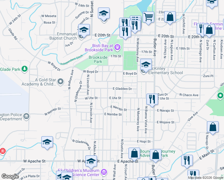 map of restaurants, bars, coffee shops, grocery stores, and more near 106 East Gladden Drive in Farmington