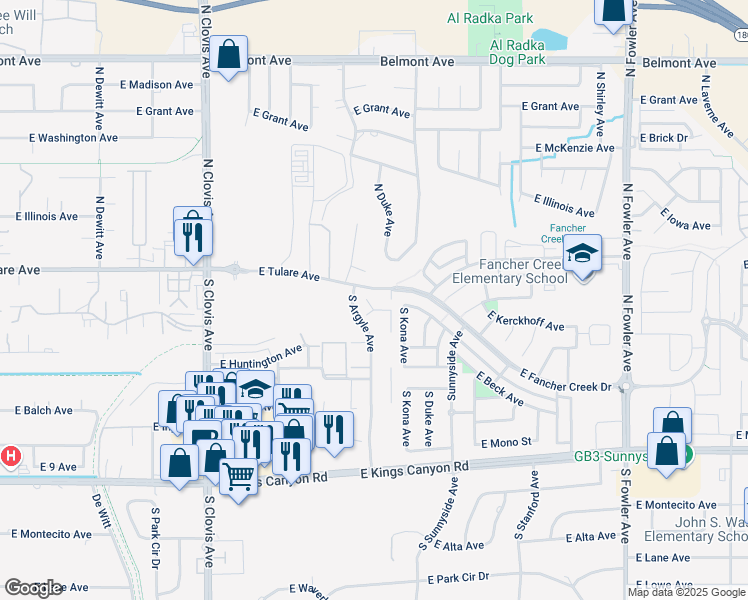 map of restaurants, bars, coffee shops, grocery stores, and more near 5754 East Iowa Avenue in Fresno