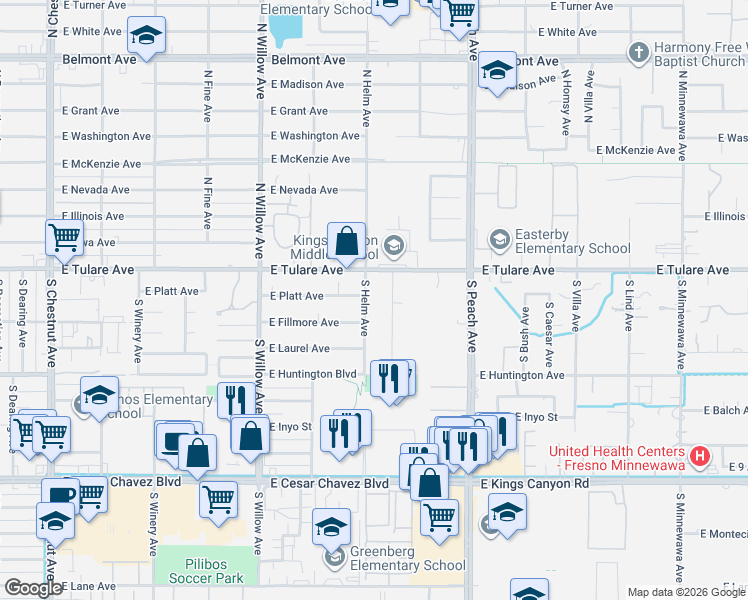 map of restaurants, bars, coffee shops, grocery stores, and more near 139 South Helm Avenue in Fresno