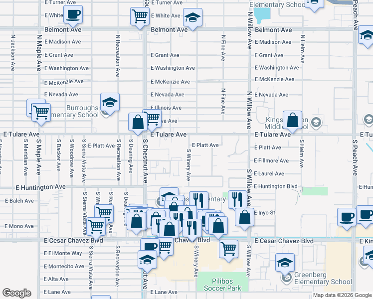 map of restaurants, bars, coffee shops, grocery stores, and more near 142 South Winery Avenue in Fresno