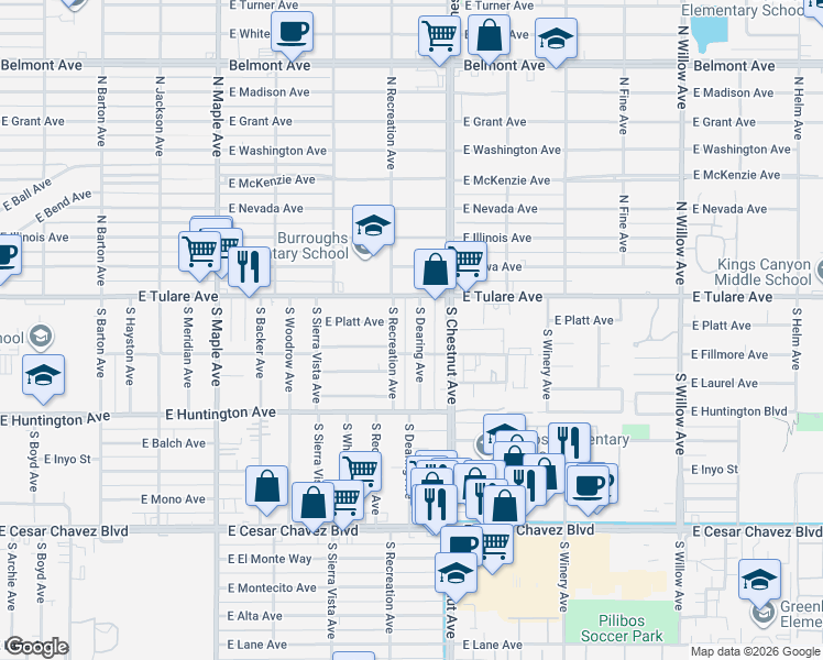 map of restaurants, bars, coffee shops, grocery stores, and more near 143 South Dearing Avenue in Fresno