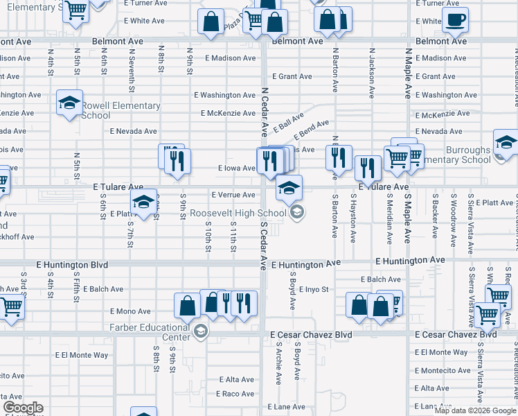 map of restaurants, bars, coffee shops, grocery stores, and more near 4250 East Tulare Avenue in Fresno