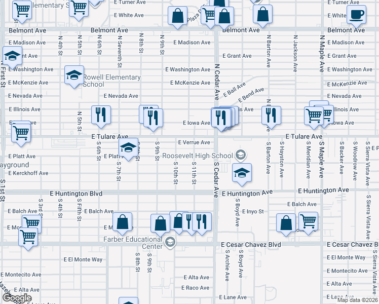 map of restaurants, bars, coffee shops, grocery stores, and more near 4034 East Verrue Avenue in Fresno
