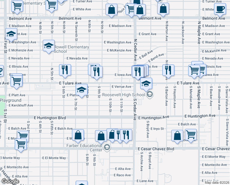 map of restaurants, bars, coffee shops, grocery stores, and more near 4034 East Verrue Avenue in Fresno