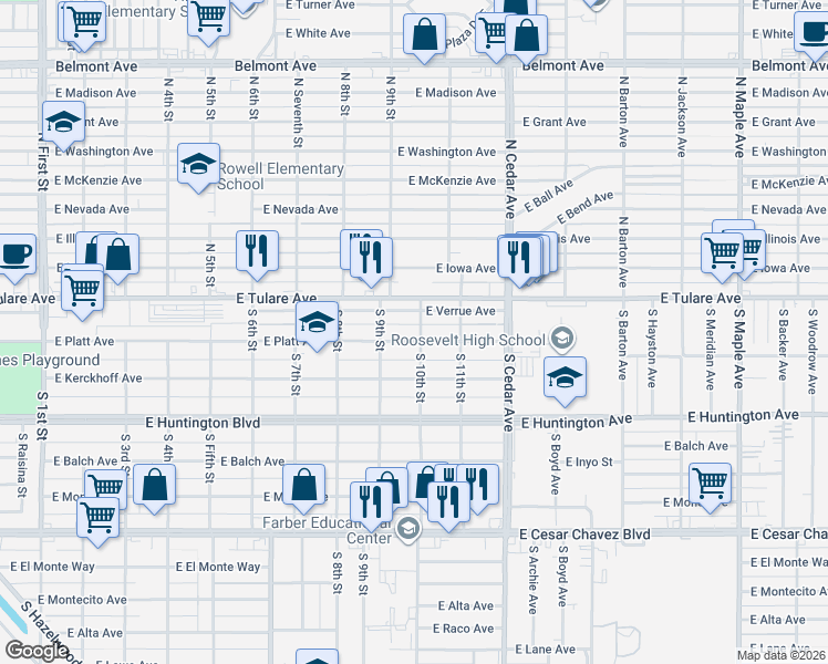 map of restaurants, bars, coffee shops, grocery stores, and more near 3936 East Verrue Avenue in Fresno
