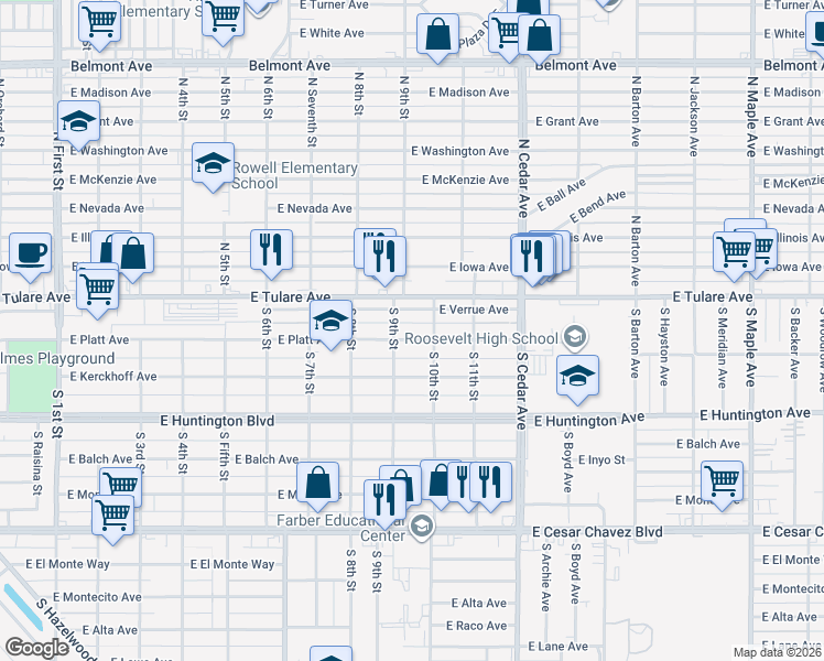 map of restaurants, bars, coffee shops, grocery stores, and more near 3936 East Verrue Avenue in Fresno