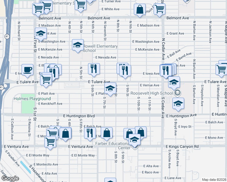 map of restaurants, bars, coffee shops, grocery stores, and more near 3754 East Verrue Avenue in Fresno