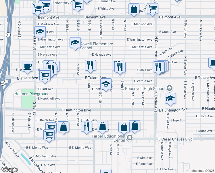 map of restaurants, bars, coffee shops, grocery stores, and more near 3754 East Verrue Avenue in Fresno