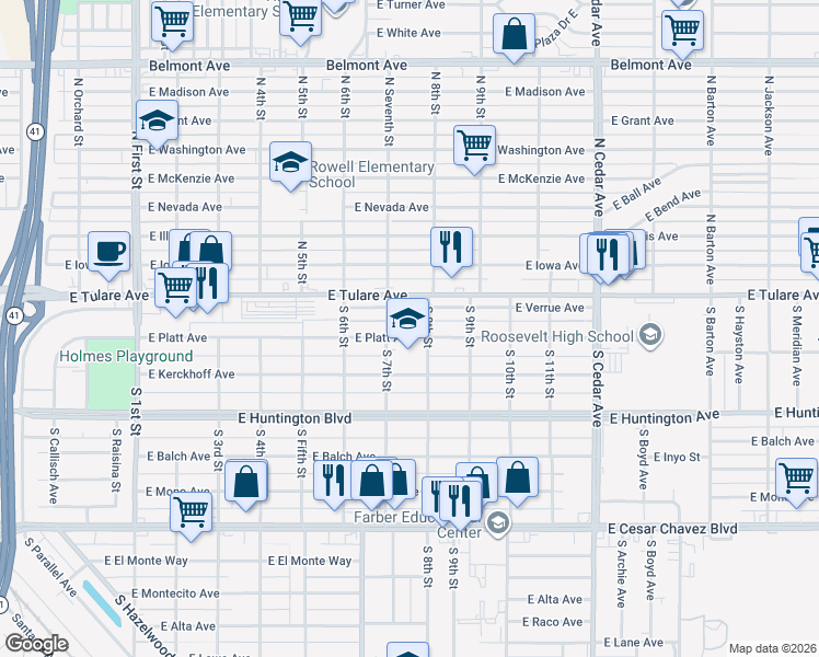 map of restaurants, bars, coffee shops, grocery stores, and more near 3754 East Verrue Avenue in Fresno