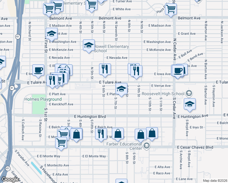 map of restaurants, bars, coffee shops, grocery stores, and more near 3662 East Verrue Avenue in Fresno