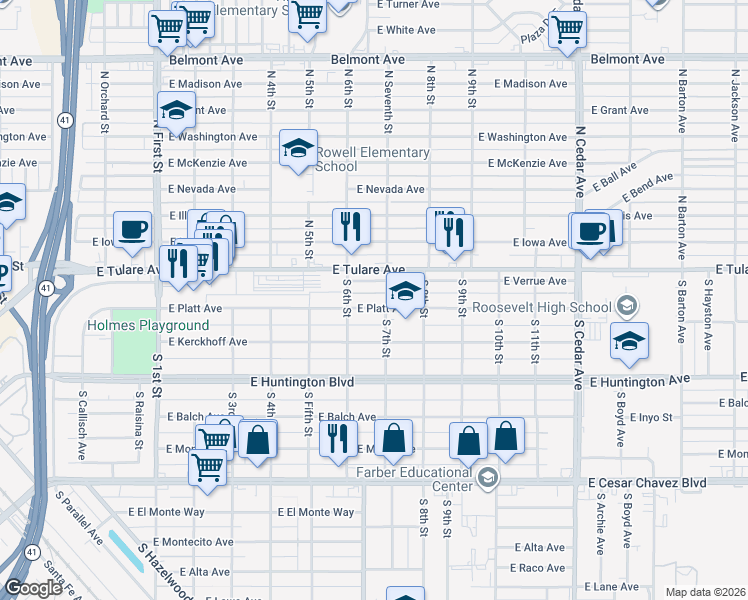 map of restaurants, bars, coffee shops, grocery stores, and more near 3662 East Verrue Avenue in Fresno