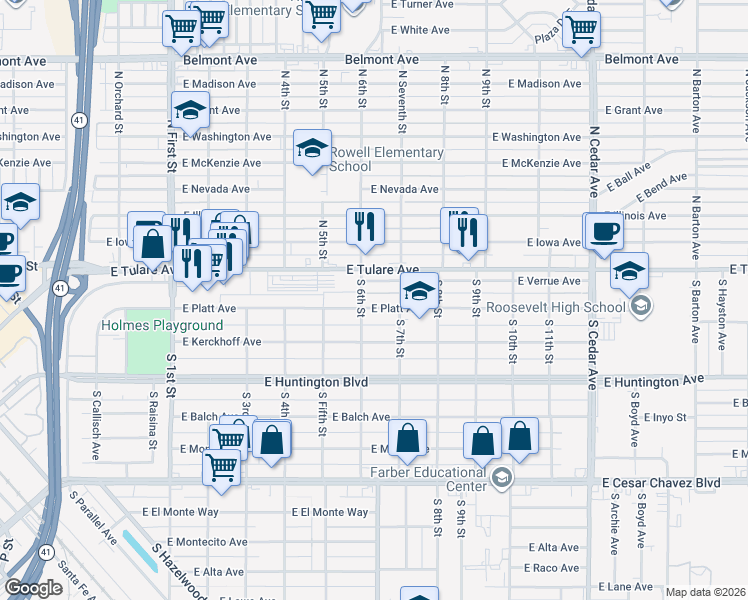 map of restaurants, bars, coffee shops, grocery stores, and more near 3330 East Tulare Avenue in Fresno