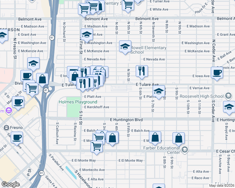 map of restaurants, bars, coffee shops, grocery stores, and more near 3330 East Tulare Avenue in Fresno