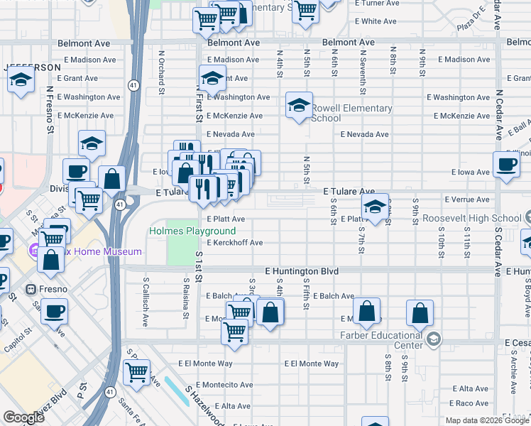 map of restaurants, bars, coffee shops, grocery stores, and more near 3274 North Angus Avenue in Fresno