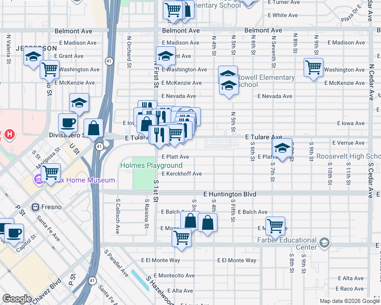 map of restaurants, bars, coffee shops, grocery stores, and more near 3274 North Angus Avenue in Fresno