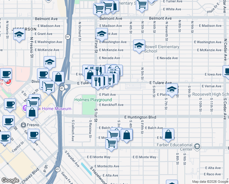 map of restaurants, bars, coffee shops, grocery stores, and more near 3220 East Tulare Avenue in Fresno