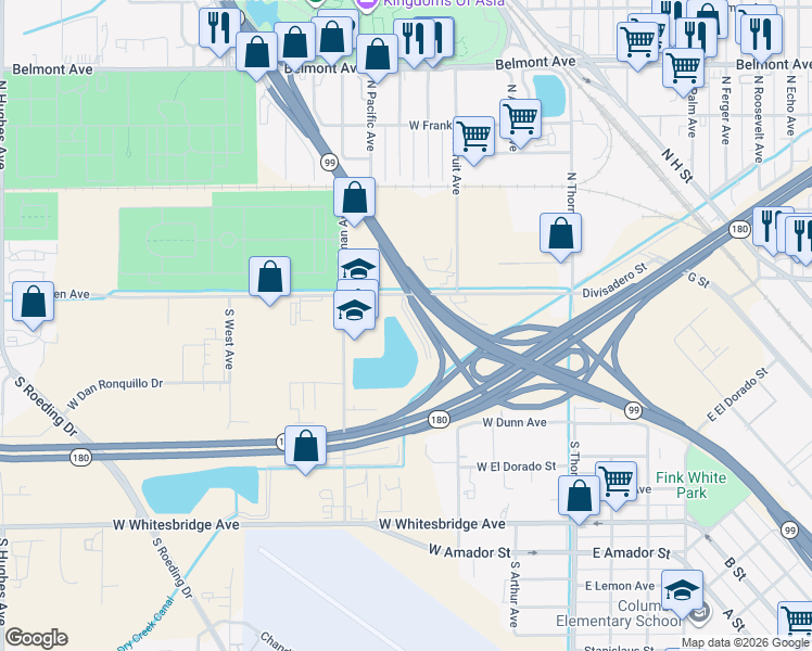 map of restaurants, bars, coffee shops, grocery stores, and more near 701-799 West Nielsen Avenue in Fresno