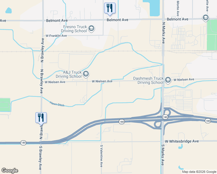 map of restaurants, bars, coffee shops, grocery stores, and more near 304 North Valentine Avenue in Fresno