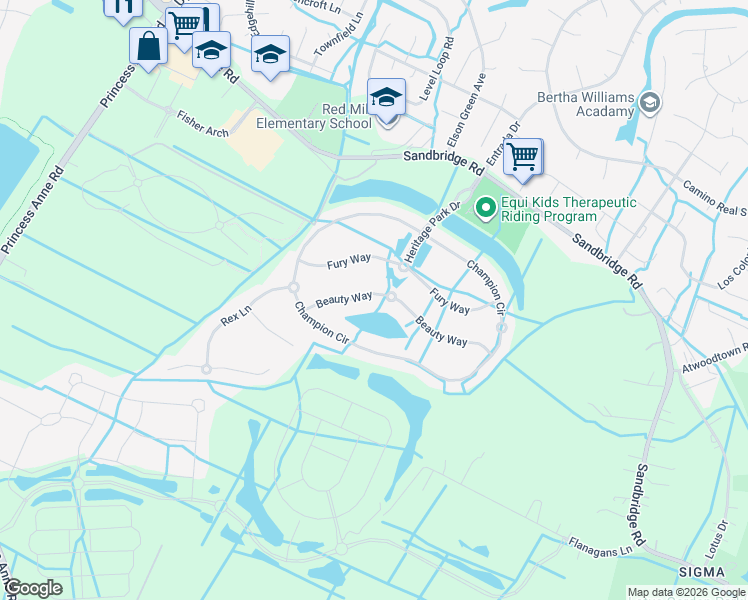map of restaurants, bars, coffee shops, grocery stores, and more near 1804 Beauty Way in Virginia Beach
