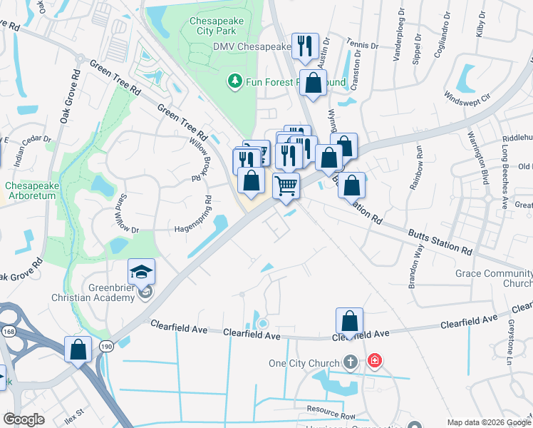 map of restaurants, bars, coffee shops, grocery stores, and more near 471 Kempsville Road in Chesapeake