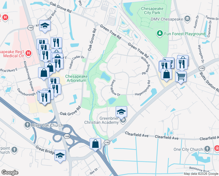 map of restaurants, bars, coffee shops, grocery stores, and more near 640 Shadow Brooke Drive in Chesapeake