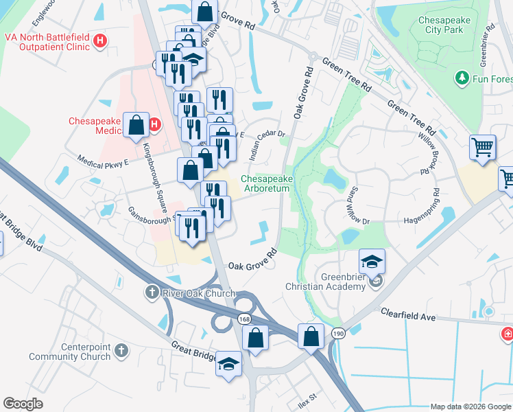 map of restaurants, bars, coffee shops, grocery stores, and more near 203 Gainsborough Square East in Chesapeake