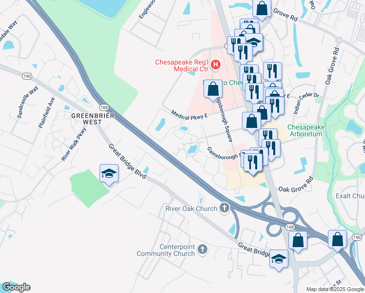 map of restaurants, bars, coffee shops, grocery stores, and more near 400 Henley Court in Chesapeake