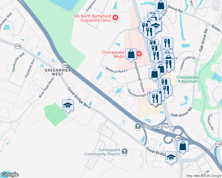 map of restaurants, bars, coffee shops, grocery stores, and more near 712 Gainsborough Court in Chesapeake