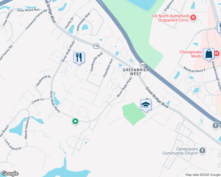 map of restaurants, bars, coffee shops, grocery stores, and more near 1018 Primrose Lane in Chesapeake