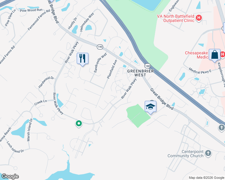 map of restaurants, bars, coffee shops, grocery stores, and more near 300 Primrose Lane in Chesapeake