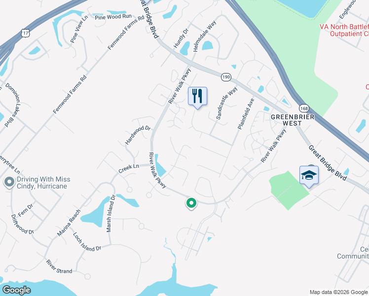 map of restaurants, bars, coffee shops, grocery stores, and more near 440 Honey Locust Way in Chesapeake