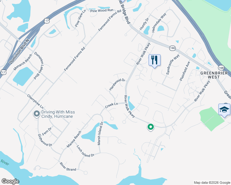 map of restaurants, bars, coffee shops, grocery stores, and more near 705 Hardwood Court in Chesapeake