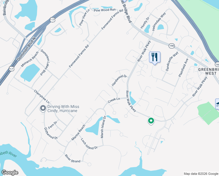map of restaurants, bars, coffee shops, grocery stores, and more near 717 Bulrush Court in Chesapeake