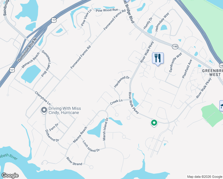 map of restaurants, bars, coffee shops, grocery stores, and more near 717 Bulrush Court in Chesapeake