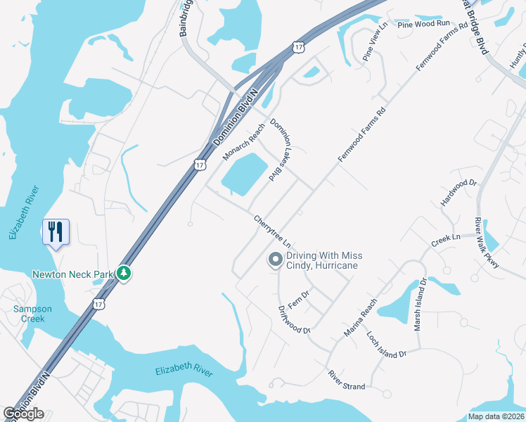 map of restaurants, bars, coffee shops, grocery stores, and more near 1303 Dominion Lakes Boulevard in Chesapeake