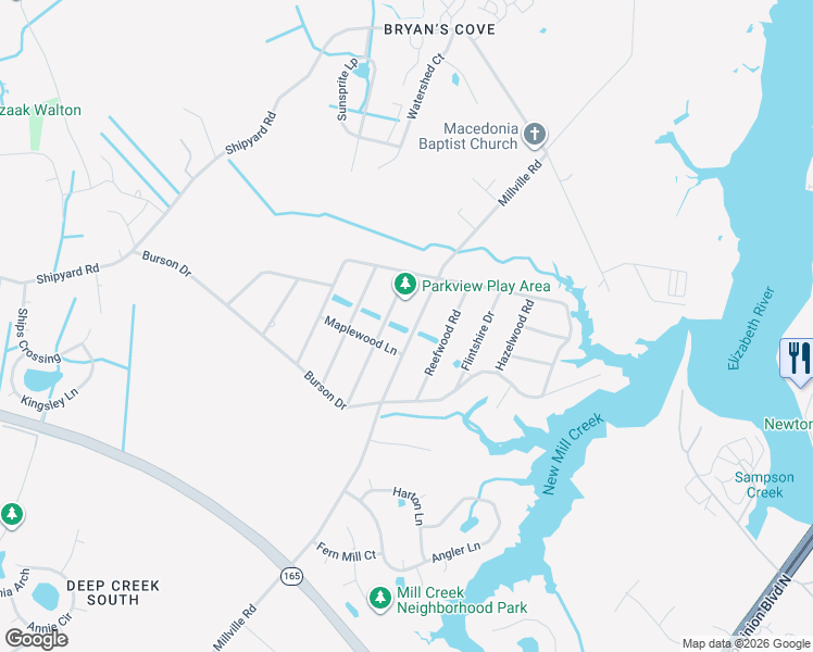 map of restaurants, bars, coffee shops, grocery stores, and more near 1929 Millville Road in Chesapeake
